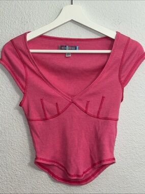 Pink Ribbed‎ Crop Top Deep V Neck Barbie Stretchy Urban Outfitters Womens Small